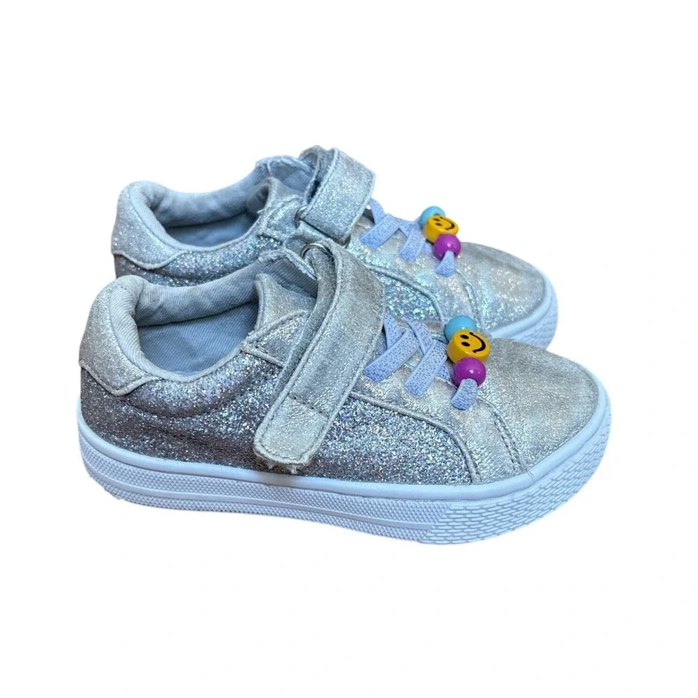 The Children's Place Sneakers Kids Silver‎ Glitter Smiley Face Beads SIZE 8